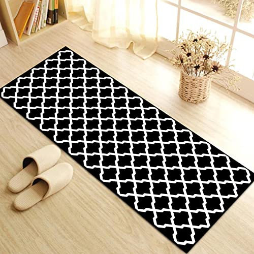 WTHYGB Teppich Läufer Flur Küche 80x200 cm, Modern rutschfest Waschbar Küchenläufer Flurläufer, Lang Polyester Plaid Muster Schwarz-Weiss Teppichläufer für Korridor, Schlafzimmer, Innen Wohnzimmer