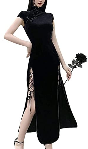Sexy gotico scuro stile cinese tradizionale velluto vintage fibbia fessure laterali con cinghie incrociate Cheongsam Qipao abito lungo per le donne, Nero , M