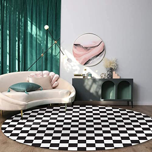 SRTJURFG Modern Designer Runden Groß Teppiche Kariertes Schwarz-Weiß-Gittermuster für Wohnzimmer Kinderteppiche Flauschige Runden Groß Schutzmatten ø 100CM