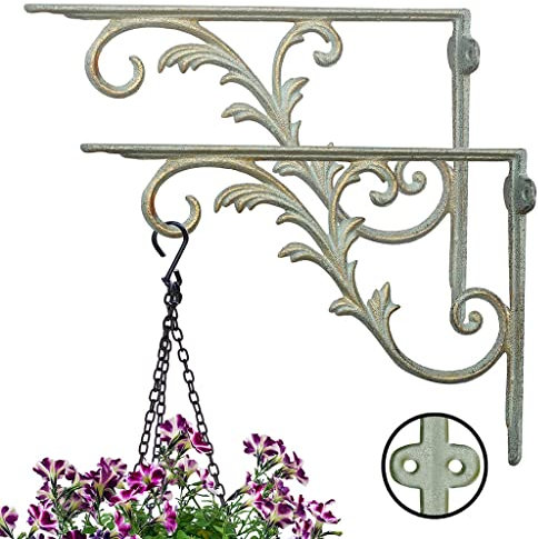Set of 2 Hanging Basket Brackets Heavy Duty Outdoor Cast Iron Plant Hanger Hooks Ornate Green Wall Mounted Vintage Style Garden Décor