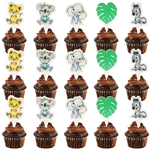 Lukinuo Cupcake-Topper mit Safari-Dschungeltieren, 50 Stück, Safari & Dschungel, Kuchen-Dekoration für Wild One Tropical Summer Forest Thema Geburtstag & Babyparty Party