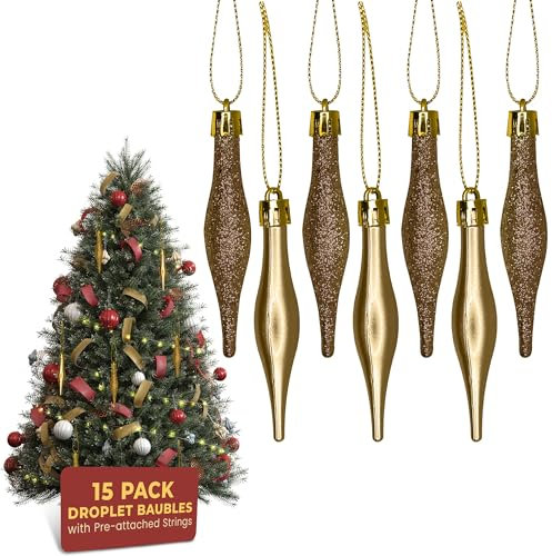 Festive Fix 15-Pack 8.5cm Matte Glitter Droplet Baubles in Gold – Durable Shatterproof Christmas Tree Ornaments with Strings, Multipurpose Decorations for Trees, Wreaths, Garlands & Centrepieces
