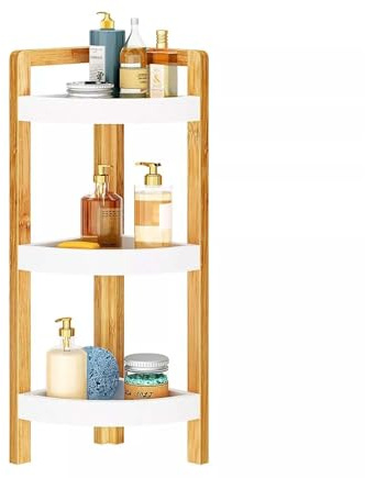 PREMZO 3-Tier Wooden Corner Shower Caddy Storage Holder Shelf Organiser, Free Standing Multipurpose Shelving Unit, Living Room, Bedroom, Kitchen, Wooden Storage Organiser