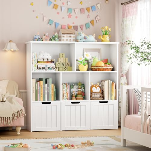 FOTOSOK Toy Storage Organizer with 3 Movable Drawers, Toy Organizer with Hidden Wheels and 5 Open Cubbies, Stuffed Animal Storage Organizer, Multifunctional Toy Chest for Playroom, White