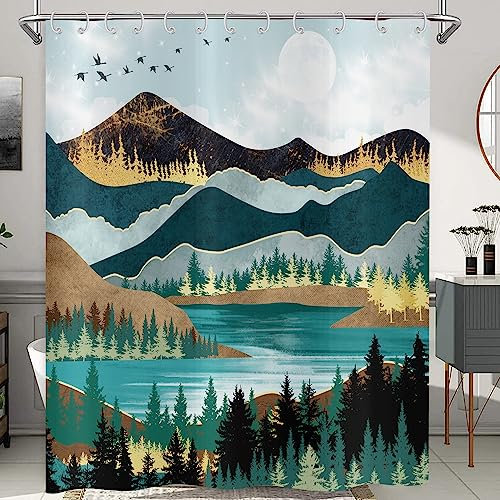 Hnmdmyi Rideau de Douche Montagne 180x200, Forêt brumeuse Turquoise Rideau de Douche Aquarelle Paysage Nature Lac Art Rideau de Baignoire Etanche Tissu Polyester Lavable Rideau de Bain avec Crochets