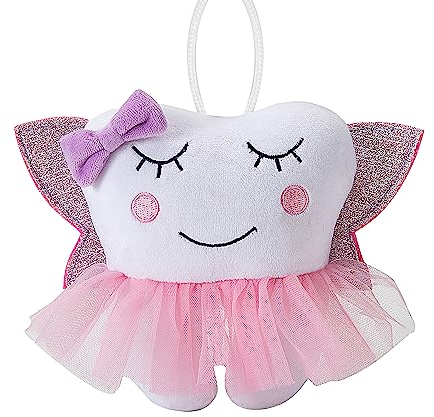 free-space Zahnfee-Puppenstickerei mit Tasche, glänzende Flügel, Kristallsamt, Zahnfee-Andenken, Jungen- und Mädchengeschenke (Pink)