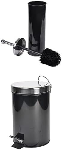 Lot Douceur d'Intérieur, Brosse WC en metal coloris uni, Etain, Noir, (0) 9.5 x 37 cm + Poubelle Métal Noir 3 L