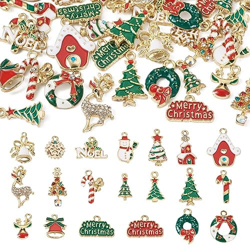 PandaHall Weihnachtliche Emaille-Charms mit Kristall-Strasssteinen, Weihnachtsbaum, Schneeflocke, Schneemann, Anhänger für DIY-Armband, Halskette, Ohrringe, Geschenke, Schmuckherstellung, Emaille