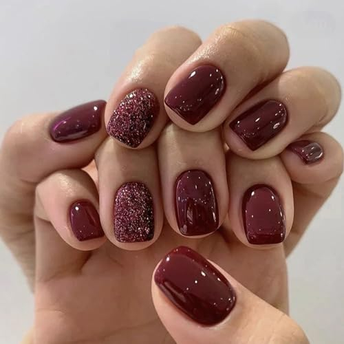 Ceboic 24 Stück Künstliche Nägel Kurz Eckig, Weinroter Glänzend Nägel zum Aufkleben Pure Farbe Nageltips Ballerina Press on Nails, Acryl Full Cover Kunstnägel Fake Nails für Frauen & Mädchen