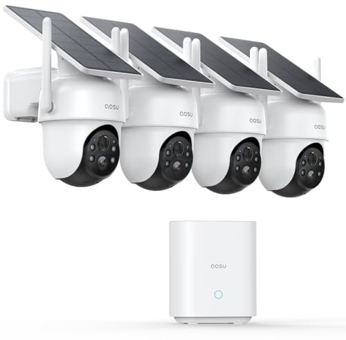 AOSU Wireless Outdoor Security Cameras 4 Cams No Contract Solar Powered Home Security Camera System with 360° Panorama and Tilt Surveillance
