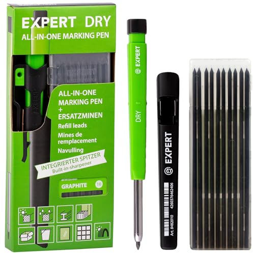 EXPERT DRY Zimmermannsbleistift inkl. 11 Minen | Mit integriertem Spitzer | Nachfüllbarer Tieflochmarker mit Graphit-Minen-Set | Handwerker Bleistift für Holz, Glas oder Metall | Bleistift Baustelle