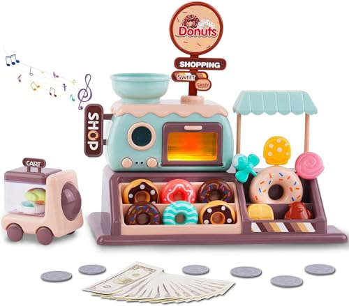 Pretend Play Donut Shop Playset with Lights and Music, Mini Donut Shop Toy with Donut Maker Machine and Oven, 34pcs Dessert Donuts Candy Set Toys for Boys and Girls