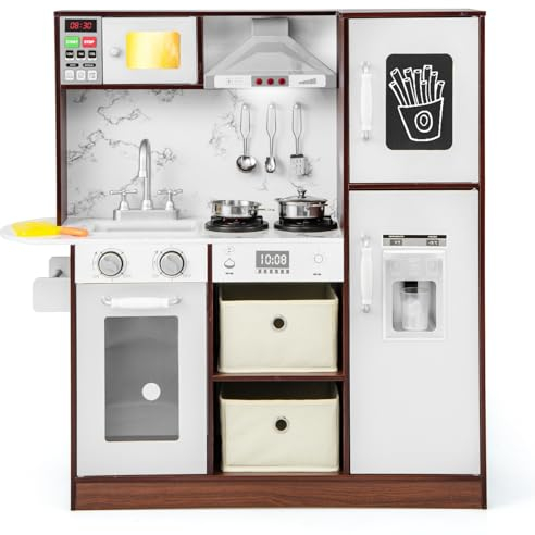 GOPLUS Cocina infantil, cocina de imitación para niños con sonidos y luces, juego de cocina con uniforme de chef, 2 cajones y 15 accesorios para niños niñas de 3 años, marrón