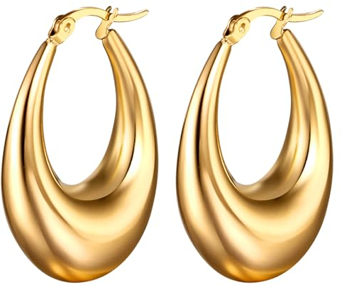 Flongo Ohrringe Gold Damen Creolen: Hoop Oval goldene rund Ohrstecker Groß Dick klobige Edelstahl Tropfen Glitzer Huggies charm chunky Reif Earrings Modeschmuck Geschenk für Frauen Mädchen