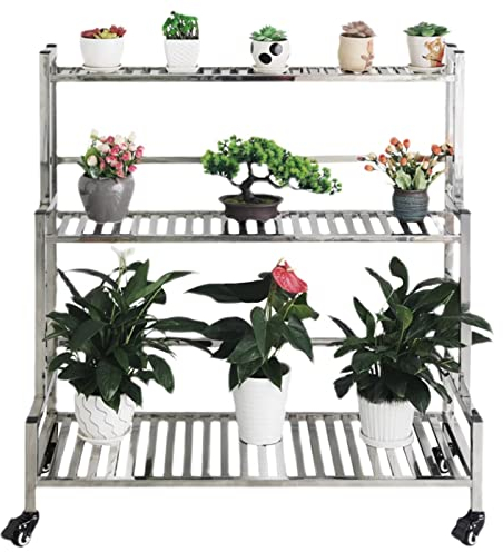 RWRAPS Garten Balkon Wohnzimmer Blumenständer Pflanzenständer 3 Ebenen Metall Blumenständer Edelstahl Lagerregal mit Rädern (Size: 100x40x106cm) (100x40x106cm)