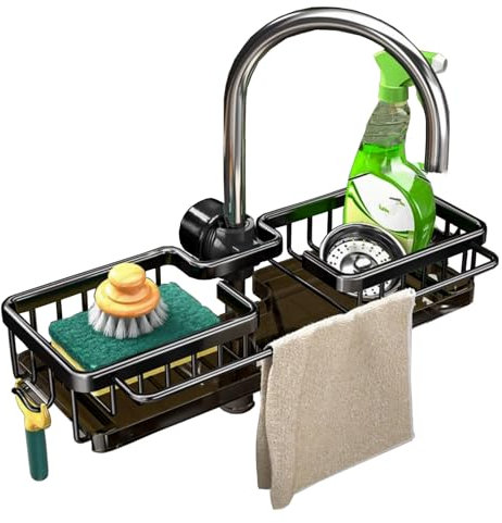 GCFTIFF Étagère de rangement pour robinet, organiseur d'évier suspendu en acier inoxydable, porte-éponge avec bac d'égouttement amovible pour cuisine et salle de bain, sans perçage, pour barre de 18 à