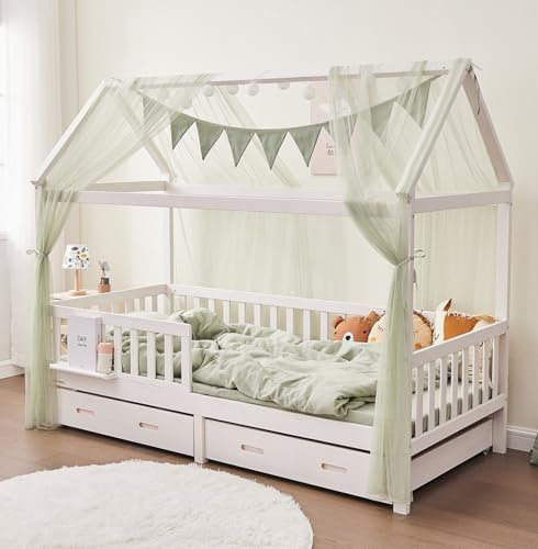 ALAVYA HOME® 3-TLG Hausbett Deko Set mit 2 Stück Betthimmel I 1 Stück Wimpelkette 300cm cm lang für Kinderbett Kinderzimmer I Wimpelkette 100% Bio-Baumwolle I 150 x 350 cm I ohne Lichterkette I Khaki