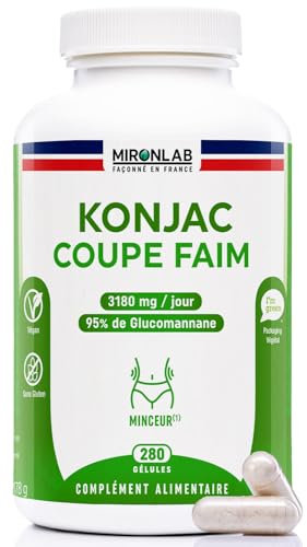 Konjac Pur 3180 mg/j - 280 Gélules – 45Jours - Coupe faim puissant et efficace - 95% Glucomannane - Minceur, détox, digestion, transit - Laboratoire Français MIRONLAB®