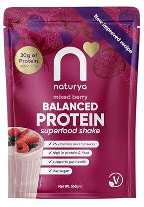 Naturya Balanced Protein Superfood Shake Mixed Berry 550 g – Plant-Based Complete Meal Shake with 20 g Protein, 26 Vitamins & Minerals, High Fibre, Low Sugar