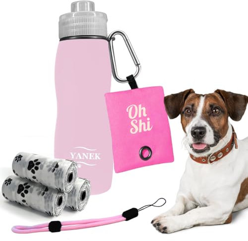 Botella Agua Perro, Kit Botella + Portarollos + 3 Bolsas Caca Perro, Botella Pipi Perros Silicona, Libre de BPA, Botella para pipis, Botella, Botella Limpia Pipi (Rosa, 400ml)