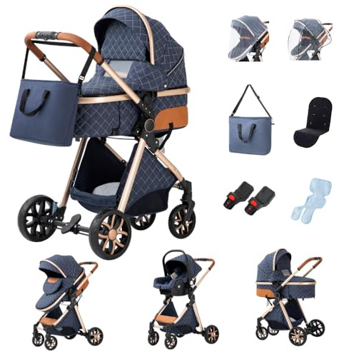 GLOKID 3 in 1 Kinderwagen Komplettset | Bis 22 kg, Höhenverstellbarer, Verstellbare Liegeposition, Kompakt Zusammenklappbar | Inkl. Babyschale, Wickeltasche, Moskitonetz und Adapter (LV9 Blau)