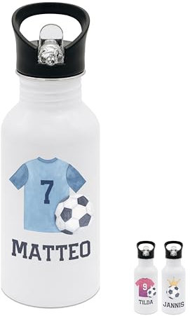 wunderwunsch® - Personalisierte Trinkflasche Kinder Edelstahl [ 500ml ] - Robuste Trinkflasche mit Namen - Wasserflasche mit Trinkhalm - Personalisierte Geschenke für Kinder (Fußballtrikot blau)