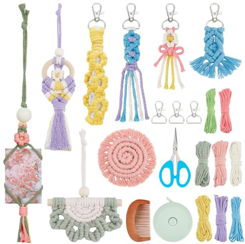 INFUNLY 8 Sets Macrame Kit for Adults Beginners: Boho Wristlet Keychain, Wall Hanging Ornament, Photo Display & Coasters