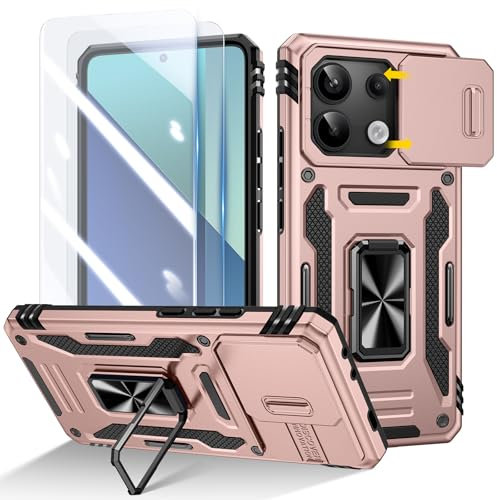 Doeshine Funda para Xiaomi Redmi Note 13 4G con 2 Protector Pantalla，[Protección Militar], Soporte Anillo y Cubierta de Cámara Deslizante(Dorado)