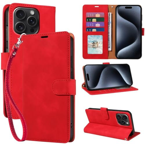 GOTOURED Wallet Phone Case for iPhone 15 Pro Max 6.7 inch, [RFID Blocking 4 Card Slots] [Wrist Strap] [Kickstand] Magnetic Closure Shockproof Protective Soft Leather Flip Cover (Red)