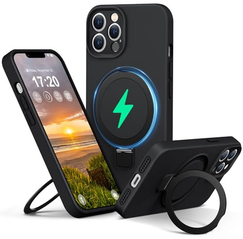 PuyaTeya Liquid Silicone Case for iPhone 12 pro with Magnetic Ring Stand, Upgraded camera lens protection, Mil-Grade Drop Shockproof, Anti-Scratch Microfiber Lining Silicone Case(Black)