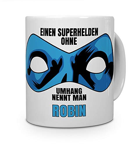 printplanet Tasse mit Namen Robin - Motiv Superhelden ohne Umhang - Namenstasse, Kaffeebecher, Mug, Becher, Kaffeetasse - Farbe Blau