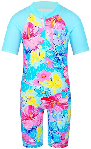 HUAANIUE Filles Maillot de Bain 1 Pièce 2-12 Ans, Anti-UV UPF 50+ Manches Courtes, Fermeture Éclair Frontale, Imprimés Colorés, Idéal pour Plage et Piscine (S234-Rose Bleu, 5-6 Ans)