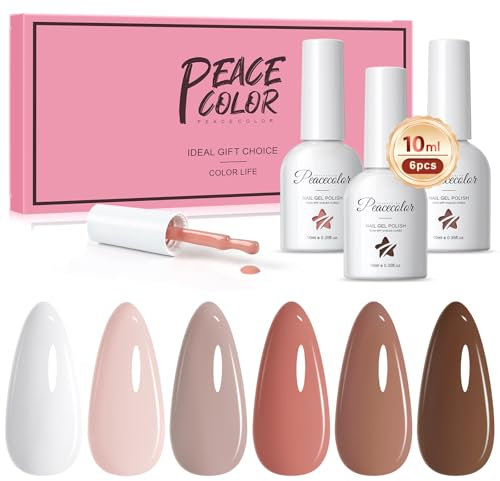 PEACECOLOR Gel Nail Polish Set- 6 Colours White Nude Brown Gel Polish Set 10ML Soak Off Nail Art Set DIY Manicure Salon and Home