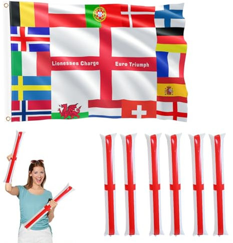 UEFA Women's European 2025 Decorations Pack- 3ft x5ft Flag and 6 Pcs Thunder Sticks Party Decorations Bag Indoor or Outdoor Use for Football Fans