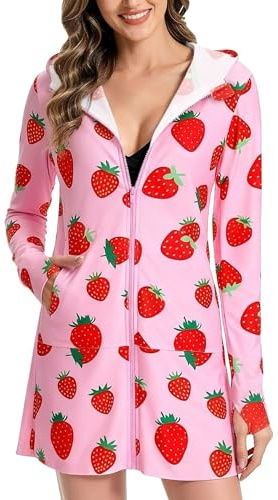 OLAOLA Women's Long Sun Protection Jacket UPF50+ Hooded Coat Beach Cover Up Summer Breathable Lightweight Sunscreen Clothing Outdoor Beachwear (Strawberry, M)