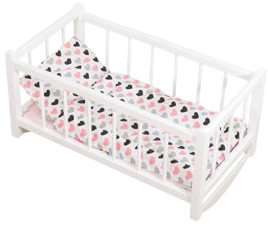 PEEWIT Wiege Holzbett Weiß für Puppen mit Matratze und Bettwäsche in Kleinen Herzen mit Kissen und Bettdecke