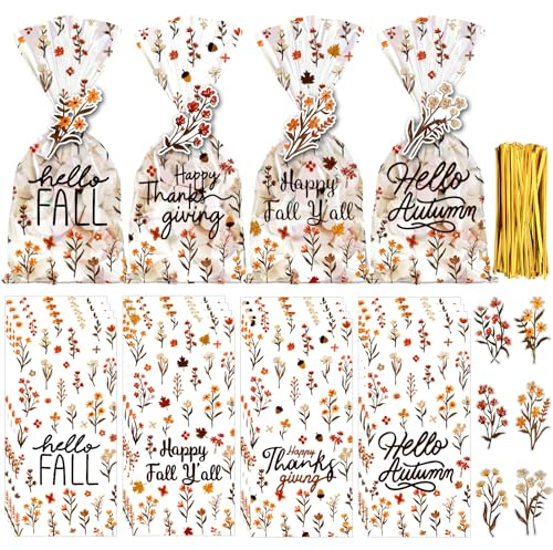 JOICEE Zellophanbeutel, transparent, mit 90 Wildblumen-Etiketten, goldfarbene Bindebänder für Cellophan, Blumen, Kekse, Geschenkverpackungen, Herbst-Partyzubehör, 4 verschiedene Stile, 120 Stück