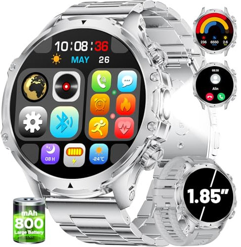 Smartwatch für Herren Militär, 1,85 Zoll HD großes Display mit Telefonfunktion/800 mAh Akku/LED Lampe, Smartwatch Herren mit 100 + Sportmodi, Schrittzähler, Kalorien, 5ATM Wasserdicht für Android iOS