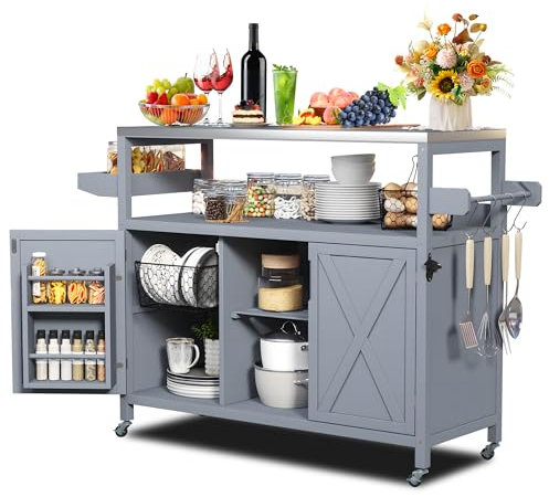 AeasyG Isla de cocina al aire libre, encimera de acero inoxidable, carrito de barbacoa al aire libre, carrito de madera maciza con armario, especias y toallero, 4 ganchos para preparación, barbacoa y