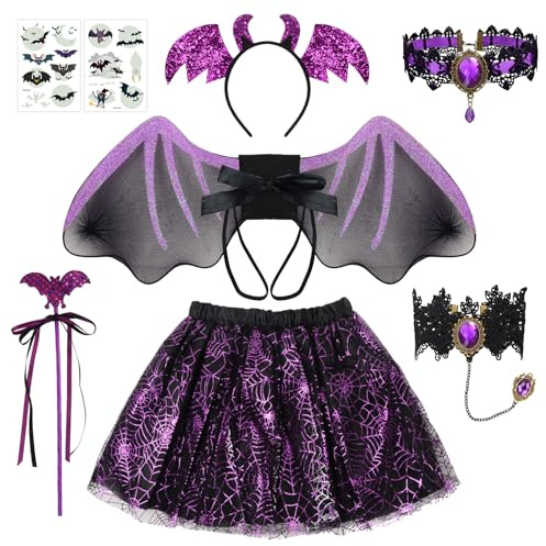 BITOYO Kit Pipistrello Ragazza, 7 Pezzi Costume Bambina con Tutù Nera Ali Di Pipistrello Copricapo Bacchetta Sacchetto di Caramelle, Halloween Costume Ragazza per Halloween Carnevale Cosplay (Viola)