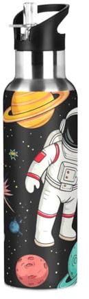 Borraccia termica in acciaio inox con cannuccia, 590 ml, senza BPA, con cannuccia, a prova di perdite, con motivo astronauti