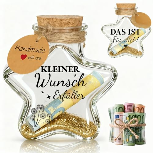 Wunscherfüller Geldgeschenk, Dekoflasche Sternform mit Korken, Glitzer Pailletten und Aufklebern, Geldgeschenke Geburtstag, Lustige Geldgeschenk für Geburtstag Taufe Kommunion Konfirmation Jugendweihe