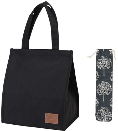 Aiuuee Borsa Termica Porta Pranzo, 11 L Addensato Borsa Frigo Piccola con con Borsa per Posate, Borsa Pranzo Portatile per Scuola Ufficio Lavoro Viaggio Picnic (Nero)