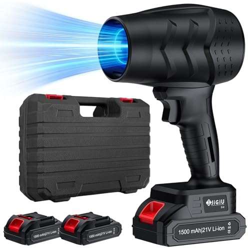 JiGiU Laubbläser Akku 21V Elektrische Staubgebläse 35000rpm mit 2 x Akkus 1.5Ah und Ladegerät, Kabelloser Laubbläser für Laubblasen Auto Laub, Garten Rasenpfleg, Schnee, Staub