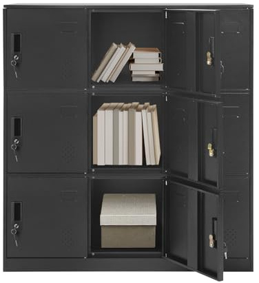 KAPIPALA 9-türiger Metallschrank mit Schloss, Abschließbarer Aufbewahrungsschrank aus Stahl, 120 kg Traglast, für Büro, Werkstatt & Umkleide, 9 Fächer, Moderner Büroschrank 90 x 42 x 100cm (Schwarz)