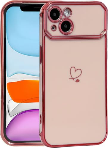 Skyhewen iPhone 13 Case, iPhone 14 Case for Women Girls, Flexible Soft TPU Silicone Protective Phone Cover with Love Hearts Pattern Plated Gold Frame Shockproof Bumper Case for iPhone 13/14, Pink