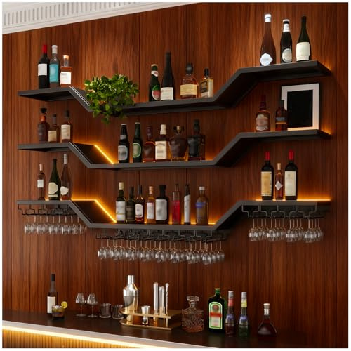 180cm Botellero de pared con luz led, 3 niveles moderno botellero de metal con portavasos de, estante flotante de pared para vino,gabinete para decoración del hogar, restaurante, bares (Negro, 180cm)