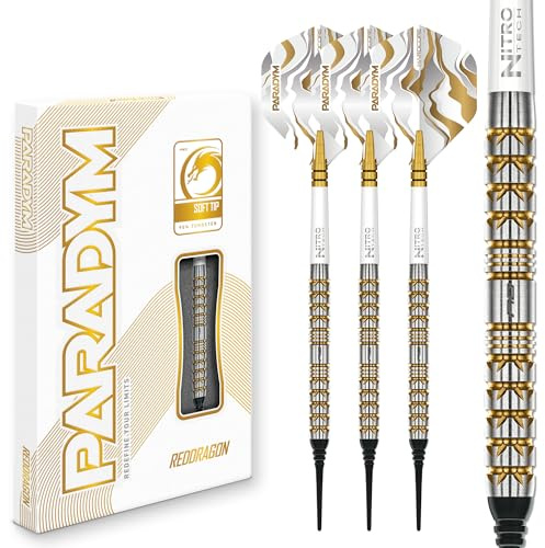 RED DRAGON Darts - Paradym Gold Serie Dart Pfeile - 90% Tungsten Profi Dartpfeile - Beinhaltet Dartflüge & Schäfte | 18g Weiche Spitze & Steeldarts 22g, 23g, 24g, 25g & 26g