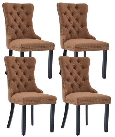 Shenyon Braune Esszimmerstühle 4er Set mit Leinenbezug und Massivholzbeinen | Mid Century Modern Stil; Rückenlehne mit Knopfheftung; Ziernägel; dekorativer Ringgriff; bequeme Polsterung; einfache Montage