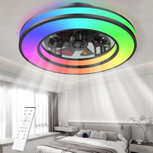 Dslive Ceiling Fans with Lights, 42CM Smart Remote Control Fan Light, 6-Speed Quiet Reversible Motor, 7 Color RGB Mode & 3000K-6500K Dimmable White Light, for Bedroom Living Room